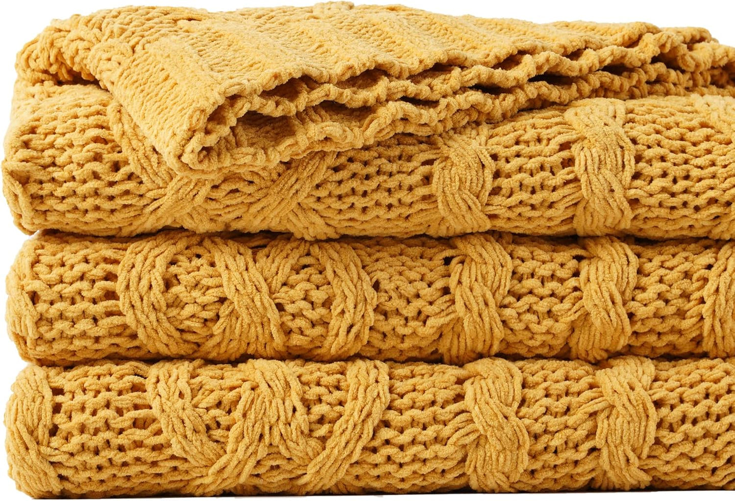 Battilo Mustard Yellow Throw Blanket 51"x67" Chenille Knitted Throw Blanket for Couch, Gold Throw Blankets for Home Decor, Summer Fall Decor Blanket