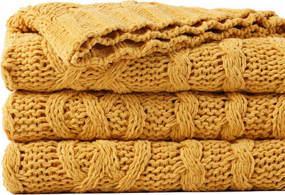 Battilo Mustard Yellow Throw Blanket 51"x67" Chenille Knitted Throw Blanket for Couch, Gold Throw Blankets for Home Decor, Summer Fall Decor Blanket