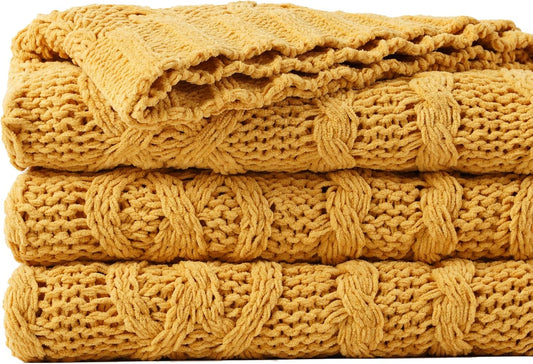 Battilo Mustard Yellow Throw Blanket 51"x67" Chenille Knitted Throw Blanket for Couch, Gold Throw Blankets for Home Decor, Summer Fall Decor Blanket