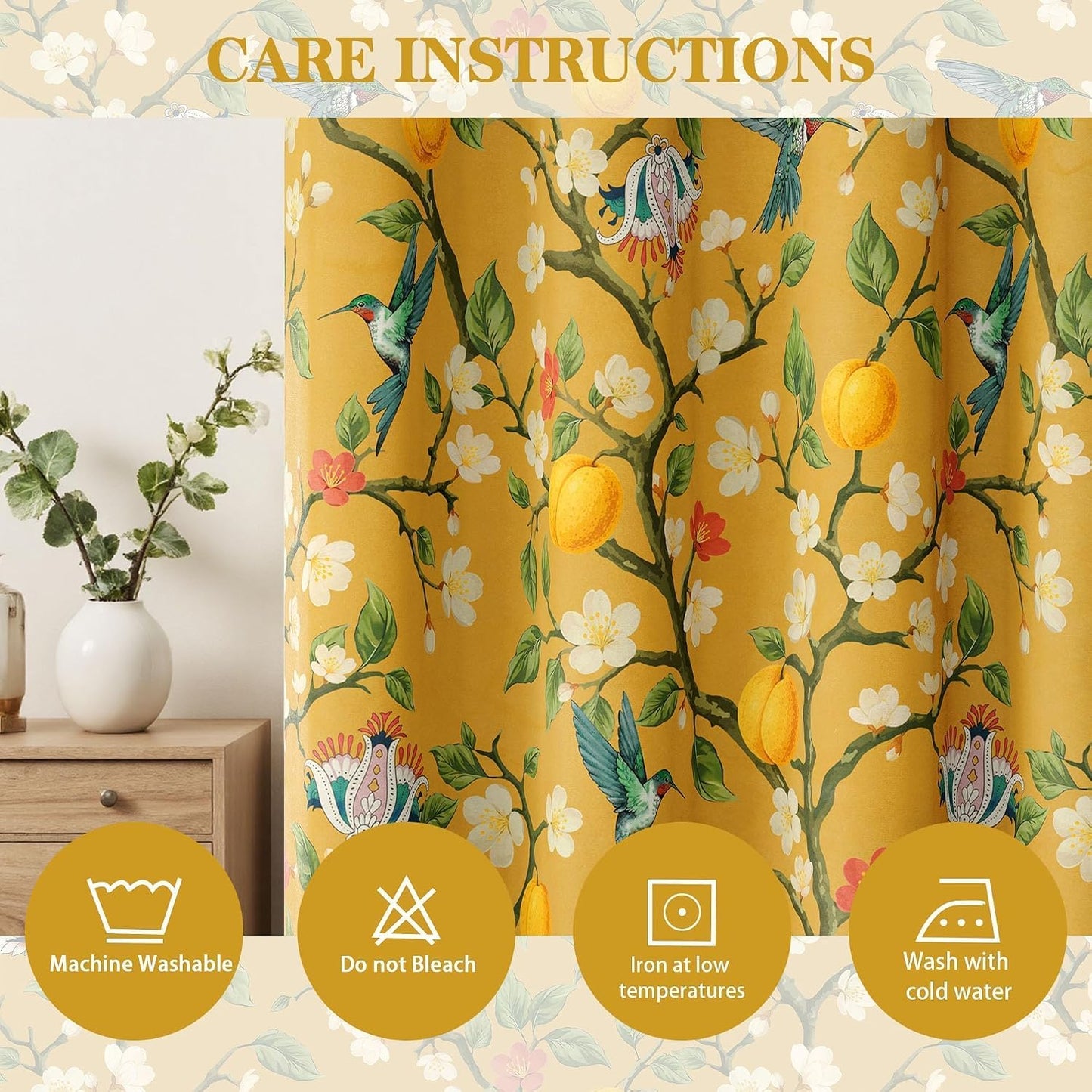 Floral Curtains 100% Blackout Vintage Hummingbird Black Out Curtain 84 Inches Long Thermal Insulated Window Drapes 2 Panels Grommet Room Darkening Curtains for Living Room Bedroom, Mustard Yellow