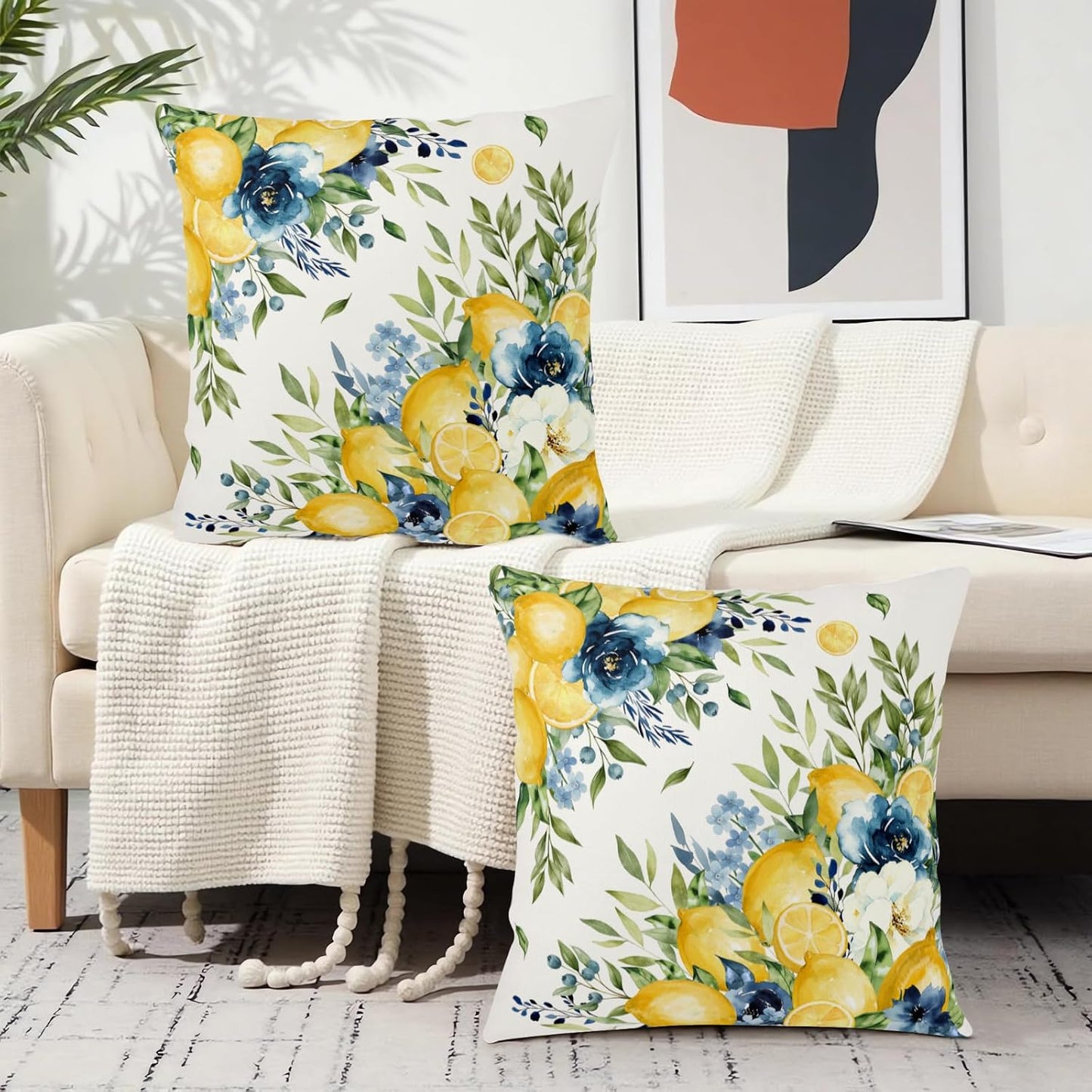 Summer Lemon Floral Pillow Covers 18x18 Set of 2 Yellow and Blue Lemons Fruit Flower Decorative Pillow Cases Spring Farmhouse Cushion Cover for Outdoor Sofa Couch Home Decor