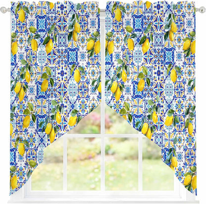 Summer Boho Lemon Swag Valances for Windows Watercolor Yellow Lemon Leaf Blue Floral Plaid Semi Sheer Valance Curtains Voile Swags Topper Curtain for Kitchen Living Room Bedroom, 2 Panels, 28x36 Inch