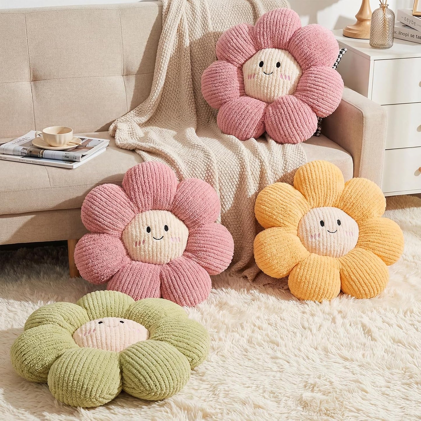 2 Pcs Smile Face Flower Pillows 15" Yellow Flower Throw Pillows Decorative Daisy Floor Seating Cushion Aesthetic Cute Seat Cushion for Bed Sofa Couch Home Decor Bedroom Living Room Chair
