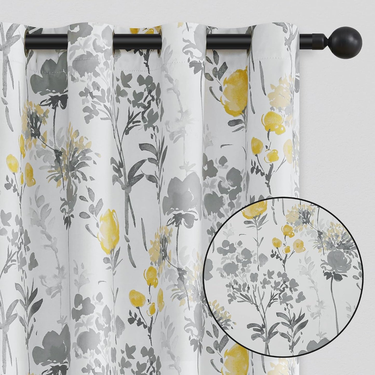 100% Blackout Floral Curtains 84 Inches Long for Bedroom, Living Room Thermal Insulated Flower Window Treatments, Noise Reduction Grommet Watercolor Pattern Drapes Grey Yellow 2 Panels Set
