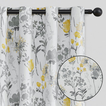 100% Blackout Floral Curtains 84 Inches Long for Bedroom, Living Room Thermal Insulated Flower Window Treatments, Noise Reduction Grommet Watercolor Pattern Drapes Grey Yellow 2 Panels Set