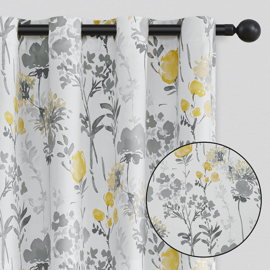 100% Blackout Floral Curtains 84 Inches Long for Bedroom, Living Room Thermal Insulated Flower Window Treatments, Noise Reduction Grommet Watercolor Pattern Drapes Grey Yellow 2 Panels Set