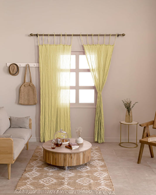TARAN LIVING Curtains for Living Room 84 Inch Long Solid Sheer Crinkle Panels Gift for Day Decor Door Light Filtering Rod Pocket Boho Curtains for Bedroom - 40"x84" - Set of 2, Yellow