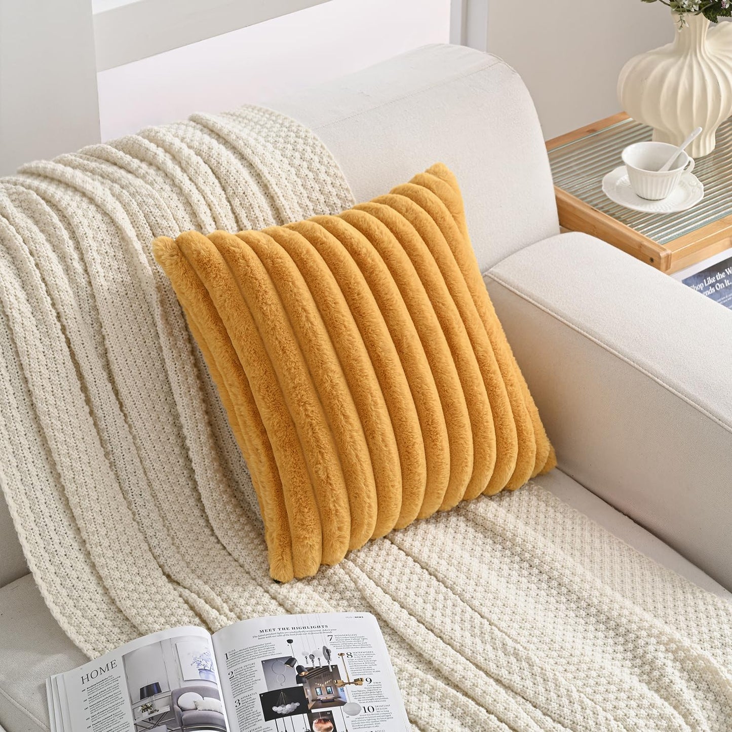 Volcanics Pack of 1 Double-Sided Faux Fur Plush Decorative Throw Pillow Covers 18x18 Inches Soft Fluffy Striped Couch Pillow Cases, Mustard Yellow