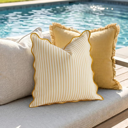 DEZENE 18x18 Yellow Outdoor Pillow Covers Pack of 2, Striped Scalloped Coastal Farmhouse Water Resistant Throw Pillow Cases Cushion Cover for Patio and Porch Decor