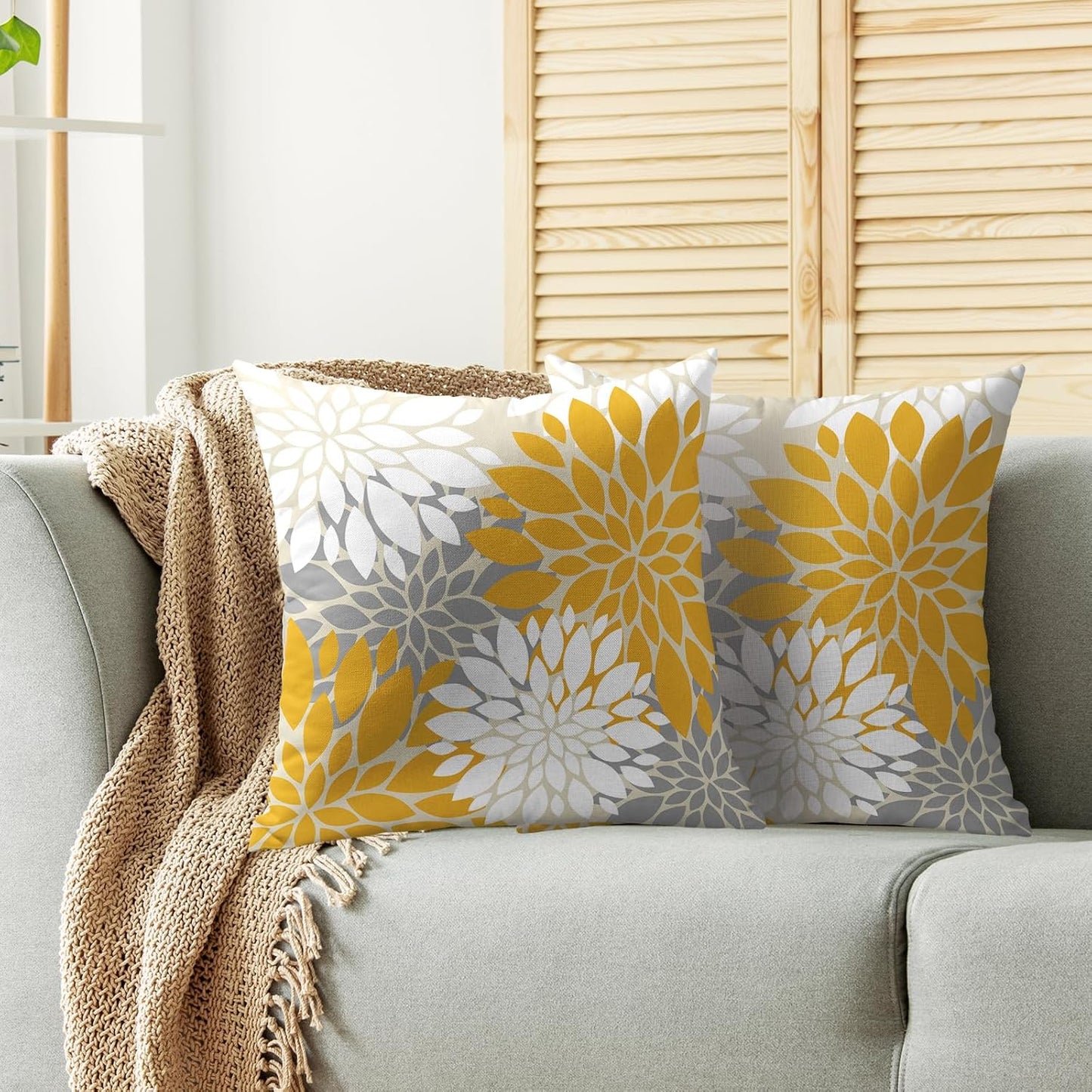 Yellow White Grey Gray Pillow Covers 18X18 Inch Set of 2, Modern Geometry Dahlia Floral Print Decorative Throw Pillow Covers Outdoor Farmhouse Cushion Case for Home Couch Sofa Bed Decoration