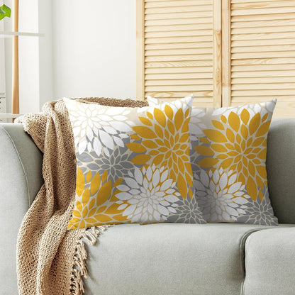Yellow White Grey Gray Pillow Covers 18X18 Inch Set of 2, Modern Geometry Dahlia Floral Print Decorative Throw Pillow Covers Outdoor Farmhouse Cushion Case for Home Couch Sofa Bed Decoration
