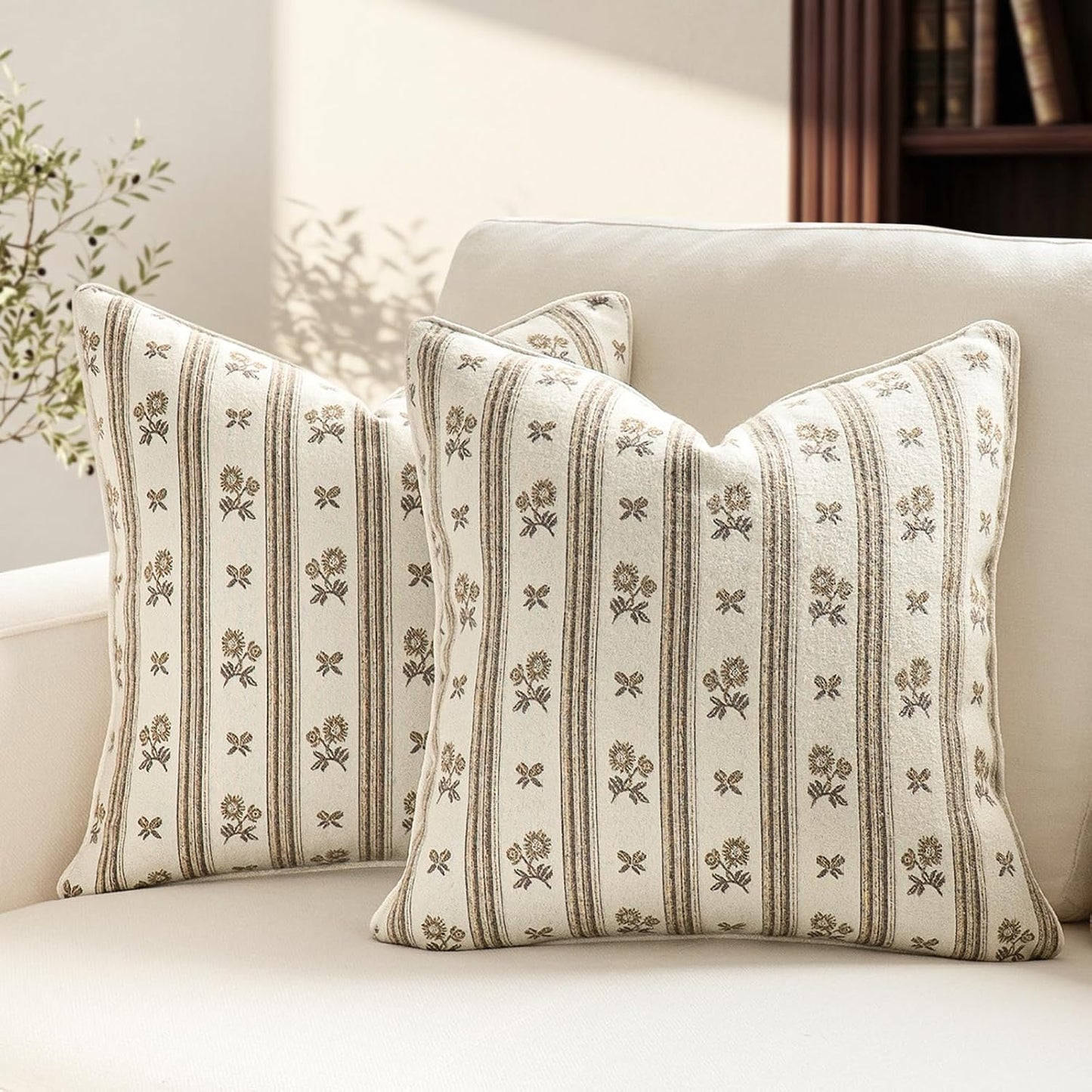 NextArt Floral Striped Pillow Covers, 20x20 Vintage Farmhouse Pillows Covers Set of 2, Vintage Floral Throw Pillows Golden Yellow, Block Print Pillow Cover with Durable Double-Sided Jacquard
