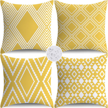 NIGHTWISH Outdoor Waterproof Pillow Covers 18x18 Set of 4 Yellow and White Modern Geometry Decorative Outdoor Throw Pillows Boho Cushion Cases for Patio Furniture Bench Couch Sunbrella