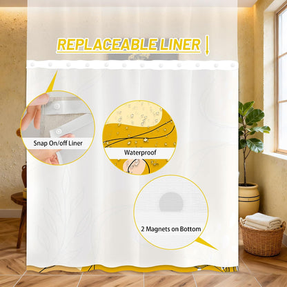 puuiiui Mustard Yellow Hookless Shower Curtain Mesh with Snap in Liner, Light Yellow Boho No Hook Double Layer Shower Curtain and Liner Set, Ringless with Window Waterproof Cloth Fabric, 71"W x 86"L