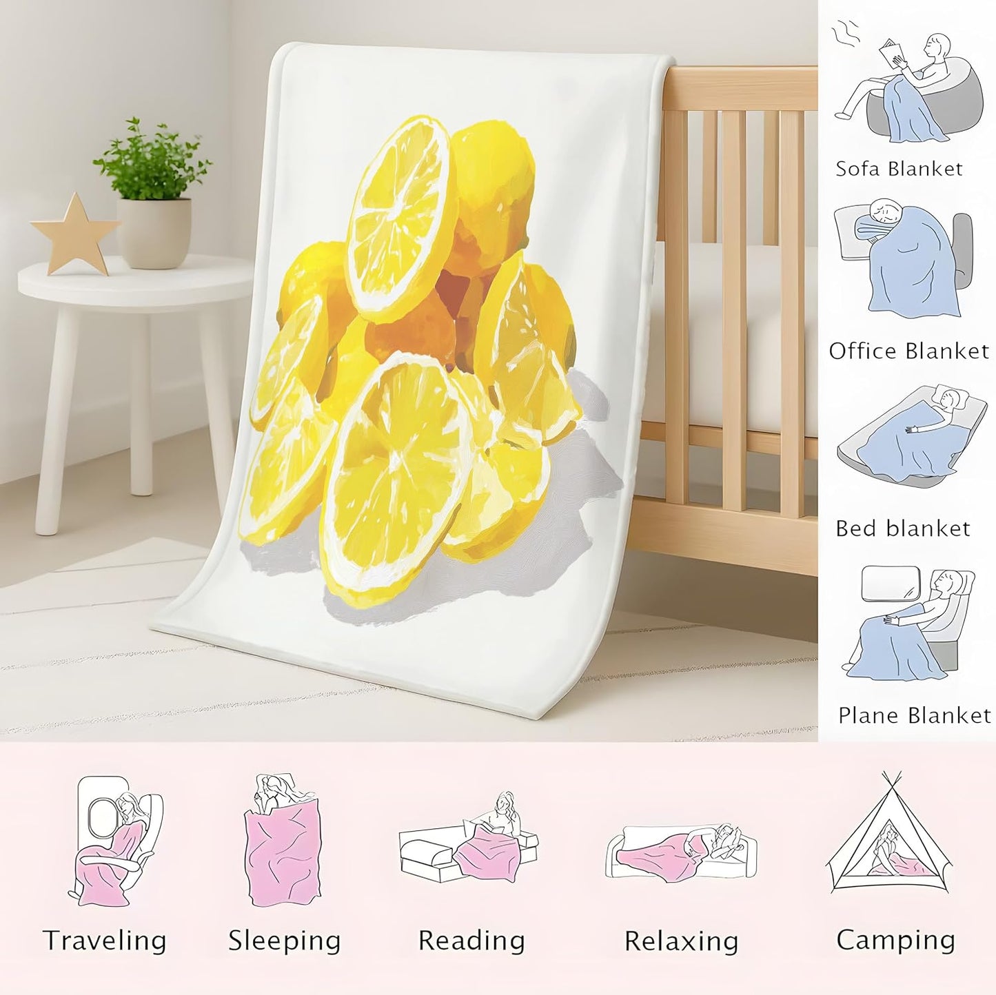 Classic Yellow Fluffy Blanket for Couch Sofa Bed, Oil Painting Lemon Fruit Printed Fleece Warm Throw Blanket, Cozy & Comfy Bedroom Living Room Blankets for All Seasons 90 x 90 Inches