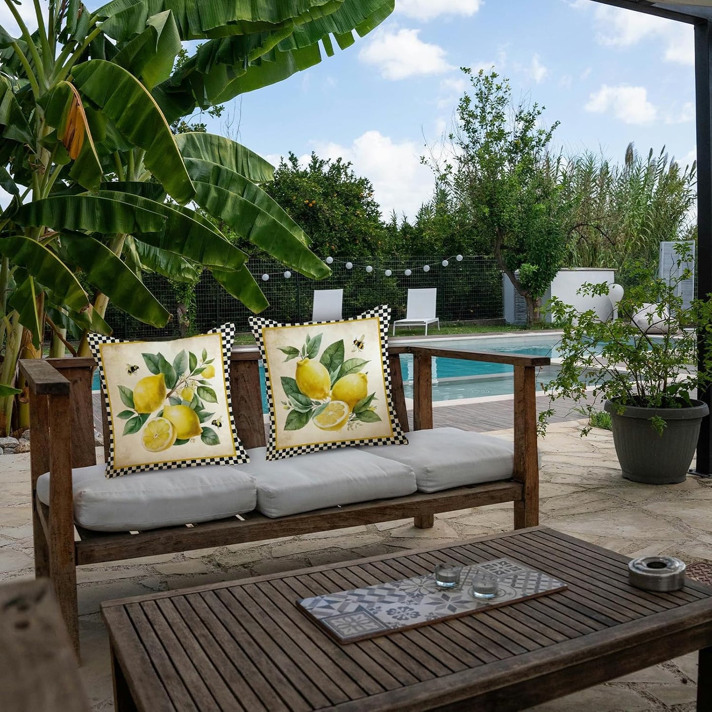 Summer Pillow Covers 18x18 Inch Set of 2 Lemon Decorative Black Plaid Throw Pillows Outdoor Porch Cushion Cases for Sofa Couch