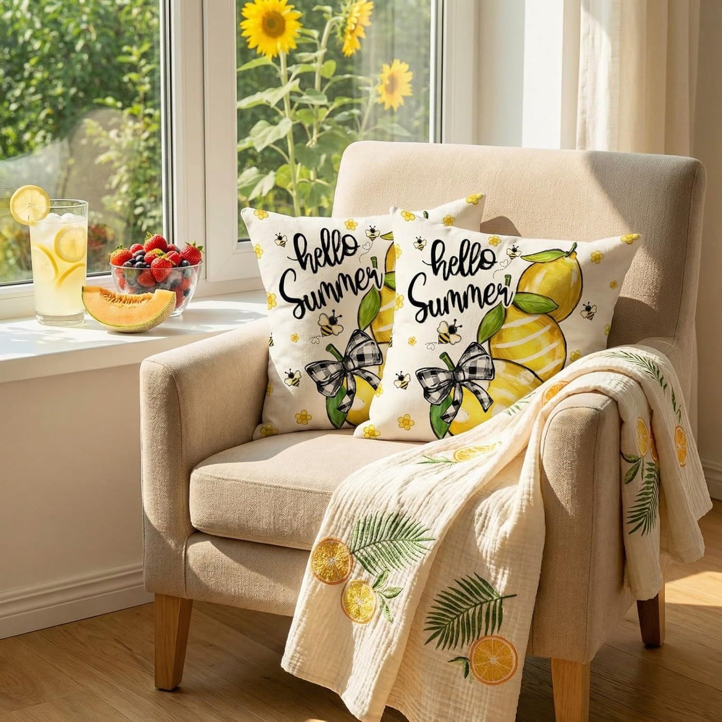 GEEORY Summer Lemon Pillow Covers Set of 2, 18x18 Inch - Hello Sunshine Bee Farmhouse Decor Spring Summer Pillow Case for Sofa and Living Room