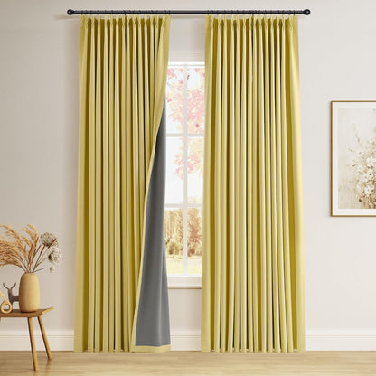 Yellow Pinch Pleated Linen 100% Blackout Curtains 84 Inch Length 2 Panels Insulated Thermal Fall Blackout Drapes for Bedroom Living Room Darkening Pinch Pleat Curtains with Hooks Rings Clips 7 FT