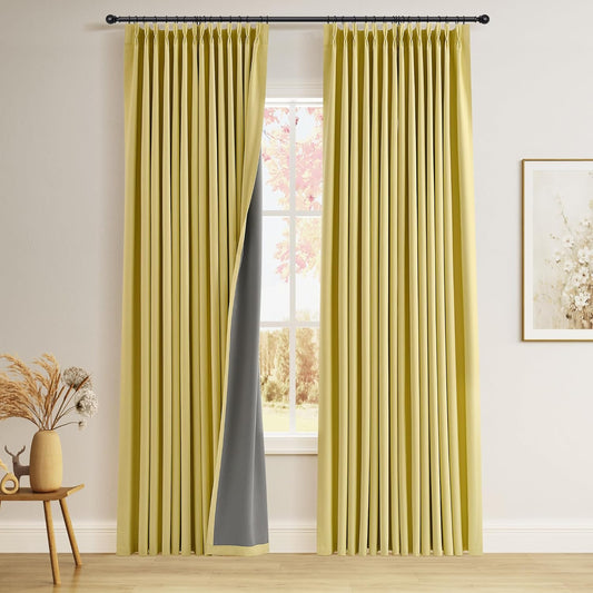 Yellow Pinch Pleated Linen 100% Blackout Curtains 84 Inch Length 2 Panels Insulated Thermal Fall Blackout Drapes for Bedroom Living Room Darkening Pinch Pleat Curtains with Hooks Rings Clips 7 FT