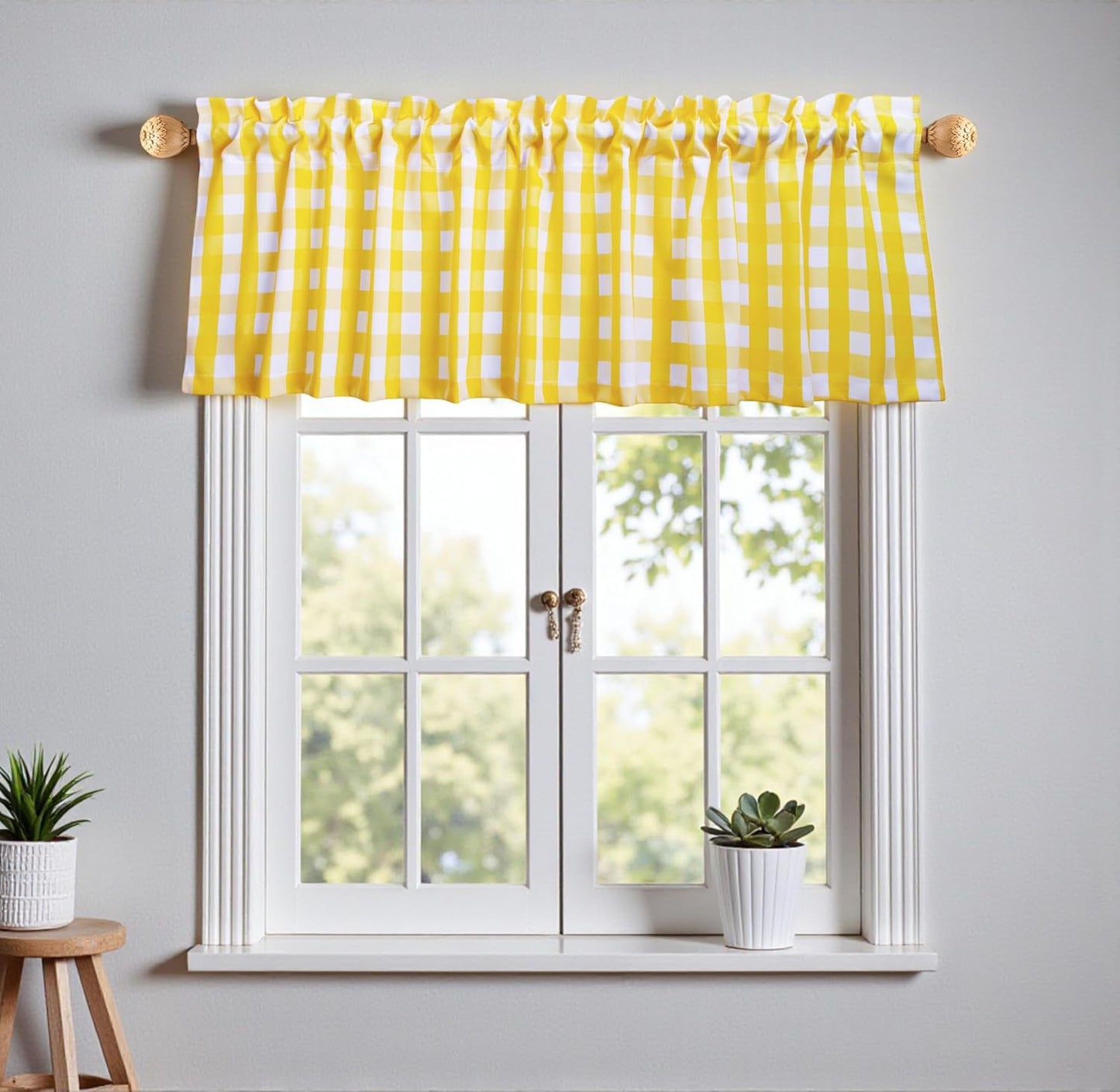 Aiking Home Window Valances - 2-Panels Picnic Checkered Pattern Kitchen Valances with 2.5-inch Rod Pocket for Small Windows, Polyester (56x14 inch, Yellow/White)