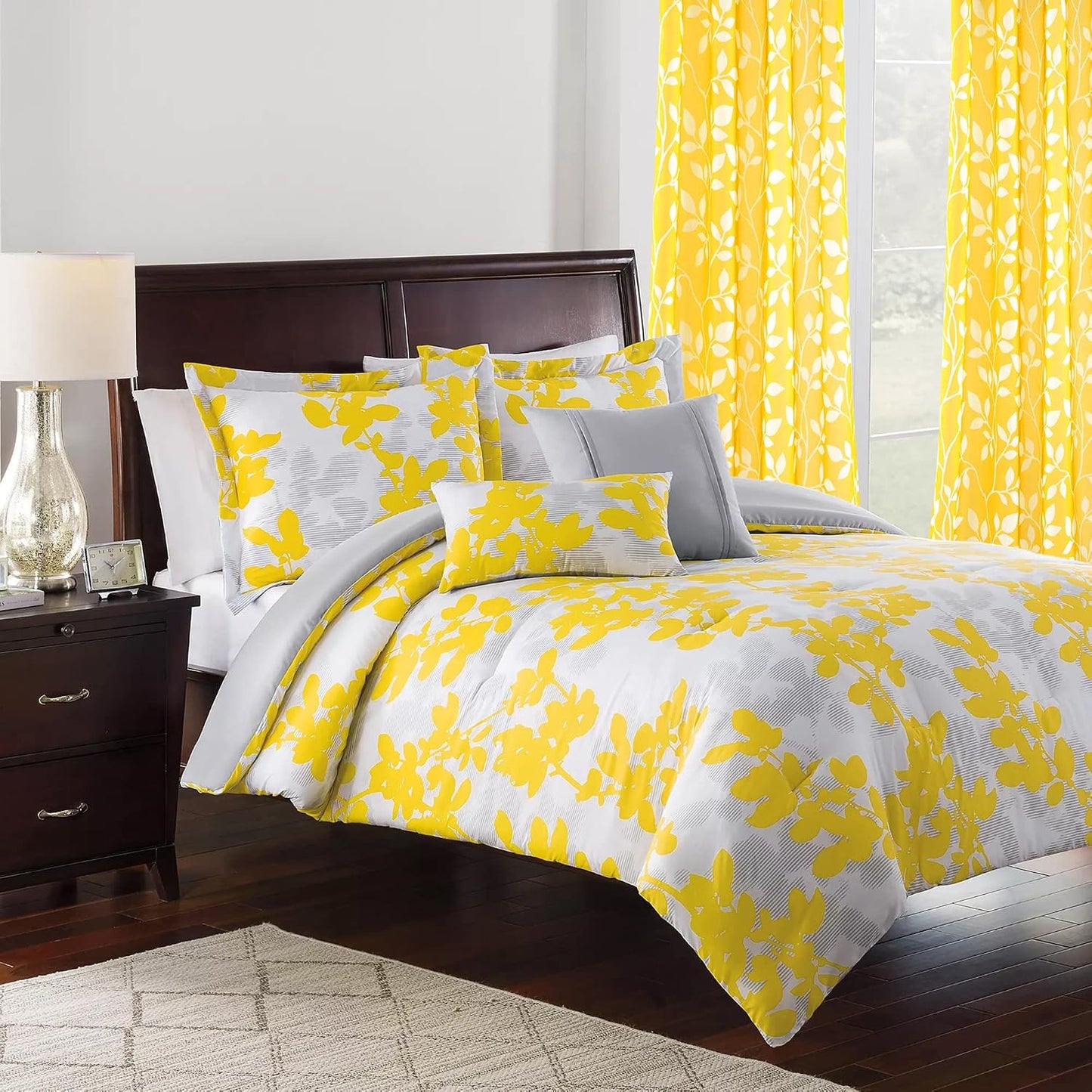XTMYI Yellow Sheer Pattern Curtains for Living Room 84 Inches Long,Spring Decor Lightweight Leaf Floral Printed Curtains for Bedroom Dining Room 84 Inch Length 2 Panels Set,Mustard Yellow and White