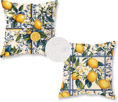 ONWAY Lemon Summer Outdoor Pillow Covers 18x18 Inch Set of 2 Italian Boho Chinoiserie Style Farmhouse Decorative Patio Waterproof Cushion Case for Sofa Couch Home Decor