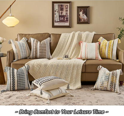 AmHoo Chenille Striped Textured Boho Throw Pillow Covers Aesthetic with Tassels Woven Decorative Pillow Case for Couch Bed Sofa Bedroom Modern Funky 18 x 18-Inch Yellow