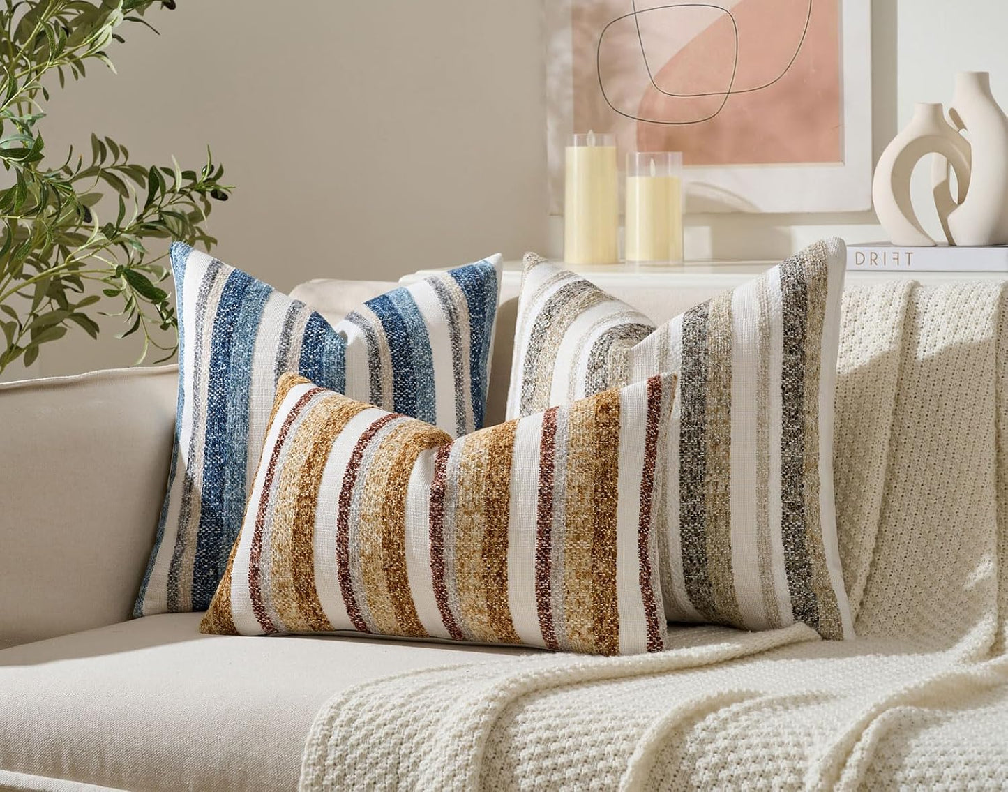 Zealax Modern Farmhouse Decorative Pillow Covers 20x20 Inch Boho Throw Pillows Soft Chenille Couch Cushion Covers, Set of 2 Velvet Striped Accent Pillows Cases for Sofa Bed Living Room, Golden Yellow