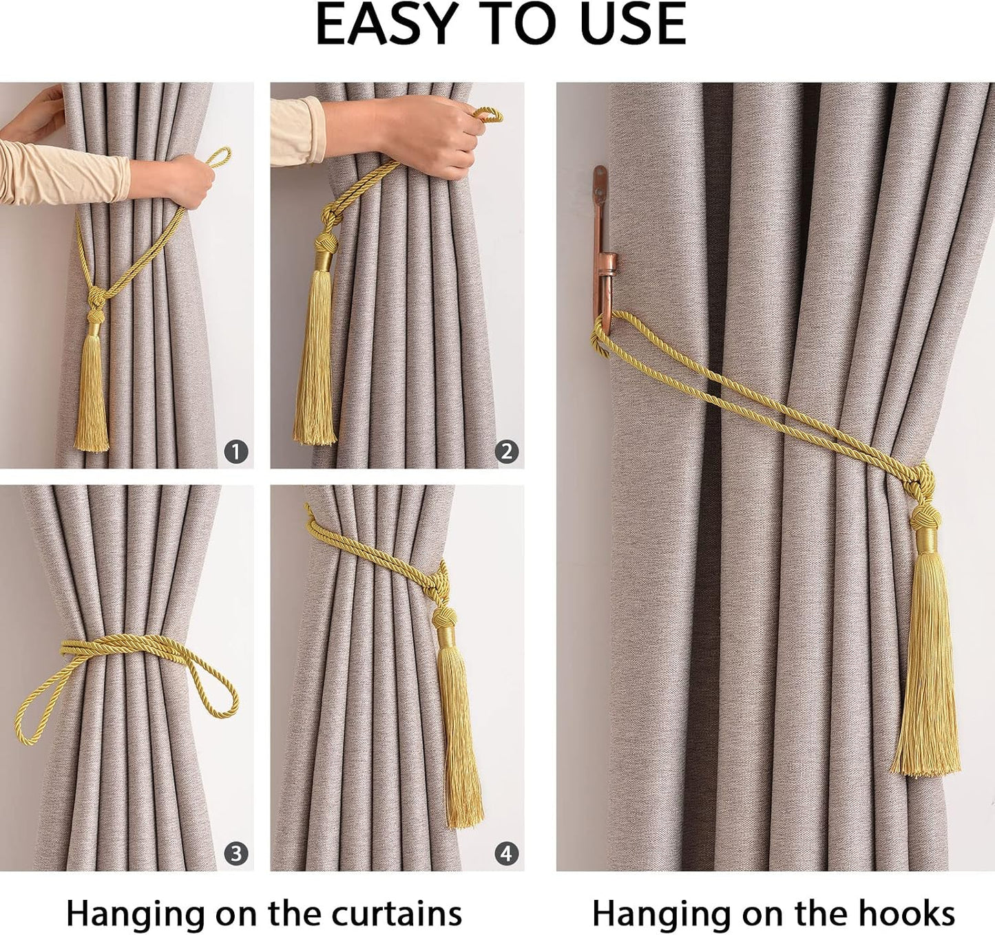 NICEEC 2 Pack Long Tassel Curtain Tiebacks Handmade Braided Rope Knot Drape Tie Backs European Style Decorative Curtain Holdbacks for Home & Office Window Drapery (Yellow)