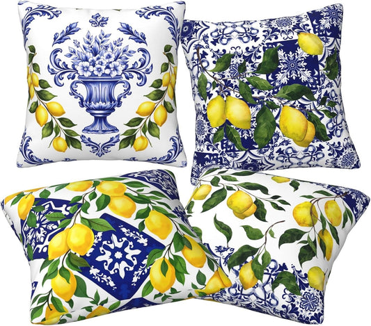 Pillow Covers 18x18 Inch Set of 4 Mediterranean Watercolor Floral Lemon Throw Pillow Covers Farmhouse Cushion Case Decor for Sofa Couch