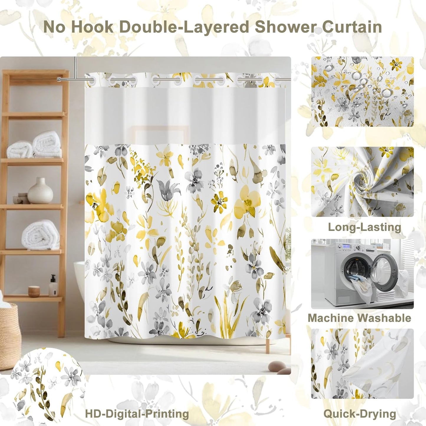 No Hook Shower Curtain,Yellow Gray Floral Double-Layered Shower Curtain with Snap-in Liner and Weights,Watercoor Flower Leaves Fabric Bath Curtain with See Through Mesh, 71x74in