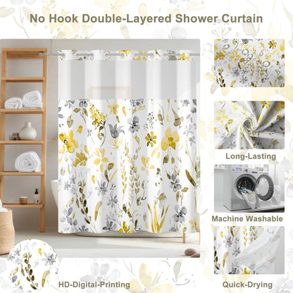 No Hook Shower Curtain,Yellow Gray Floral Double-Layered Shower Curtain with Snap-in Liner and Weights,Watercoor Flower Leaves Fabric Bath Curtain with See Through Mesh, 71x74in