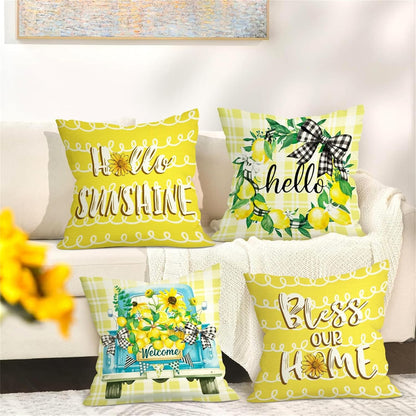 Spring Summer Lemon Throw Pillow Covers 18x18 Inch Set of 4 Hello Sunshine Farmhouse Truck Yellow Plaid Cushion Covers Home Decor for Couch Cushion Cases