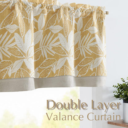 Vangao Floral Kitchen Valance for Windows Farmhouse Linen Valance for Living Room Leaf Print Double Layer Blackout Rod Pocket 16 Inch 1 Panel Mustard on White