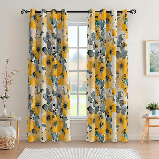weesire 2 Pack Boho Floral Blackout Curtains, 52x84 Inches, Yellow Floral Pattern, Unlined, Grommet Top, Bedroom & Living Room