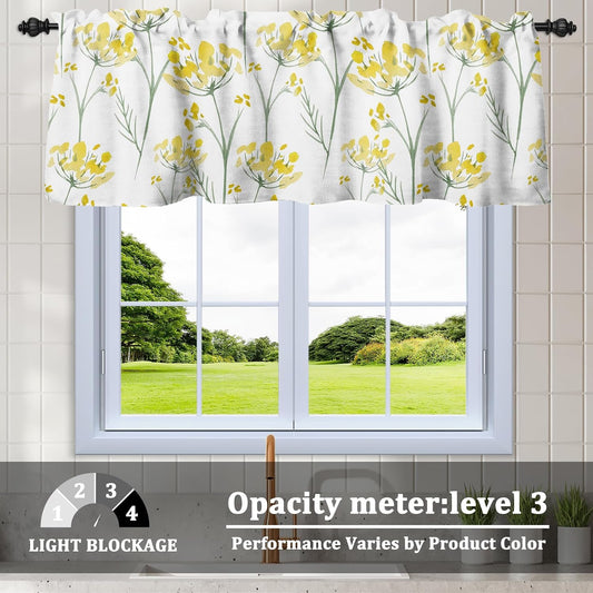Renaiss 42 x 12 Inch Yellow Floral Valance Curtains for Windows Light Filtering Linen Textured Semi Sheer Small Short Valance for Bathroom Laundry Basement Watercolor Flower Rod Pocket Kitchen Valance