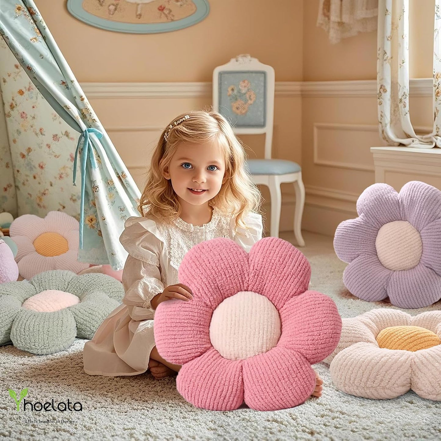 Flower Pillows, Cute Daisy Shaped Throw Pillow, Small Cream Yellow Floor Cushions for Gifts, Kids Decorative Pillows for Living Room Sofa Bedroom Bed, 15.7x15.7 Inch