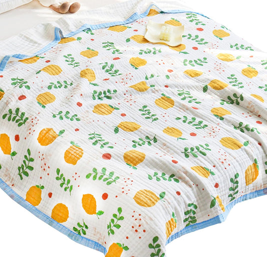 J-pinno Lemon Yellow Fruit Muslin Blanket 100% Cotton 6 Layer Quilt Bed Blanket Soft Warm Throw Sofa Couch Toddler Boys Girls Cartoon Travel Cover Blanket (Lemon, Crib 45" X 60")