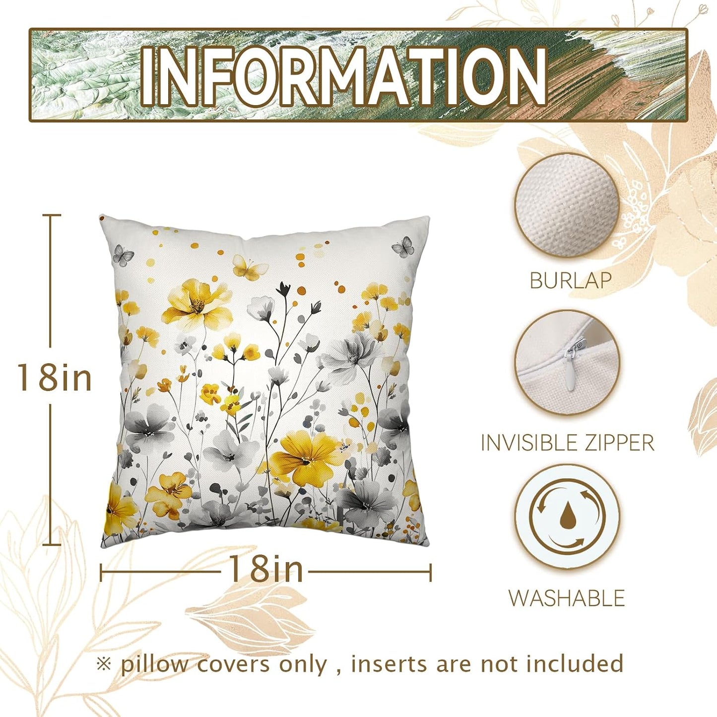 Spring Summer Flowers Pillow Throw Covers 18x18 Inch Yellow Gray Floral Pillow Covers Seasonal Decorative Pillowcases Cushion Case for Home Sofa Couch Bed Set of 2