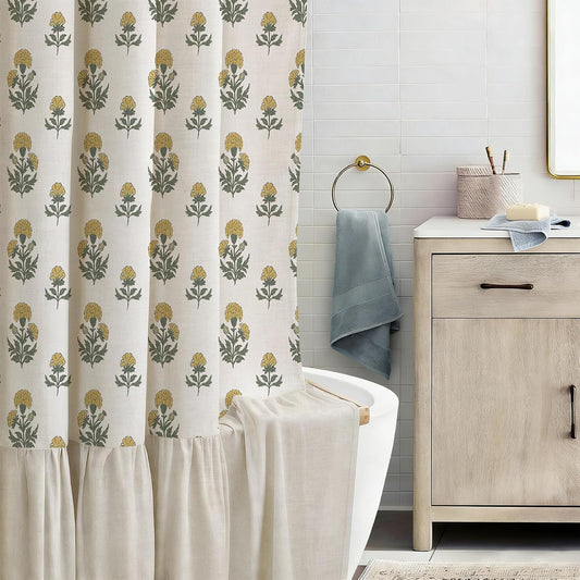 Linen Textured Ruffle Shower Curtain with Metal Hooks, Vintage Yellow Floral Block Print Boho Waterproof Bath Curtain for Rustic Farmhouse Bathroom Decor 72x72 Inch