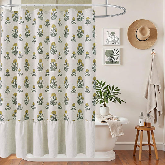 Linen Textured Ruffle Shower Curtain with Metal Hooks, Vintage Yellow Floral Block Print Boho Waterproof Bath Curtain for Rustic Farmhouse Bathroom Decor 72x72 Inch