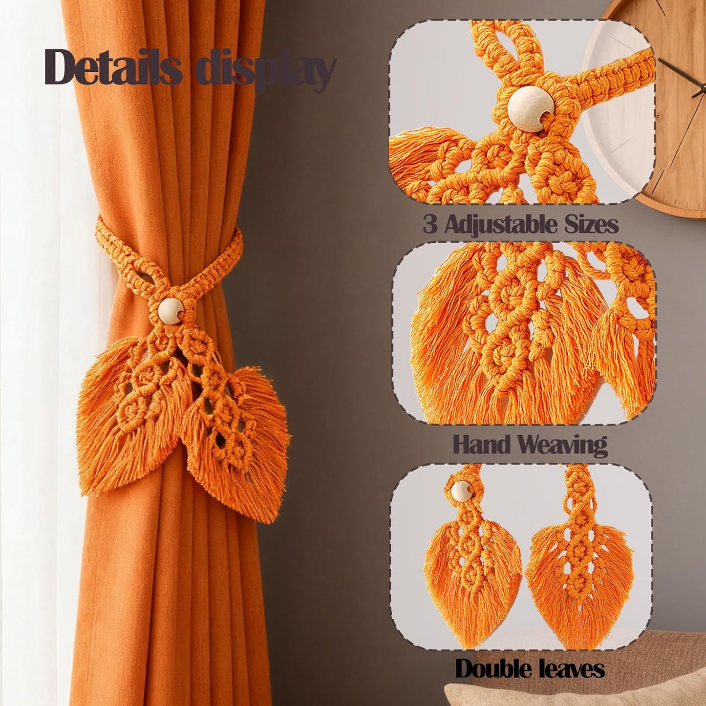 2 PCS Boho Curtain Tiebacks Wooden Bead Curtain Ties Adjustable Hand Knitting Cotton Curtain Holdbacks Woodland Curtain Tie Backs for Drapes Decorative (Yellow)