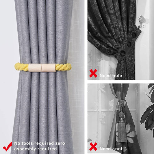 NICEEC 2 Pack Wooden Magnetic Curtain Tiebacks Boho Home Decoration Drape Tie Backs Natural Cotton Handmade Rope Curtain Holdbacks for Thin or Thick Home & Office Window Drapery (Yellow)