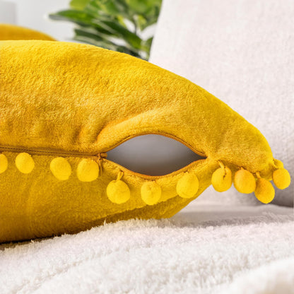 PAVILIA Mustard Yellow Throw Pillow Covers with Pom Pom 18x18 Set of 2, Decorative Pillow Cases for Bedroom Aesthetic, Small Throw Pillows Set for Bed, Velvet Euro Plush Cushion Covers for Sofa Couch