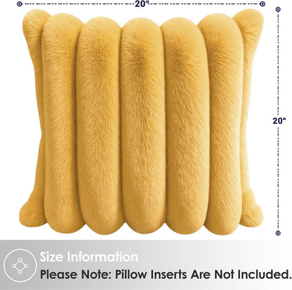Faux Fur Throw Pillow Covers 20x20 Inch Yellow, Pack of 2 | Soft Stripe Quilted Plush Cushion Cases with Invisible Zipper for Couch Living Room Sofa Bedroom Decor & Farmhouse Aesthetic