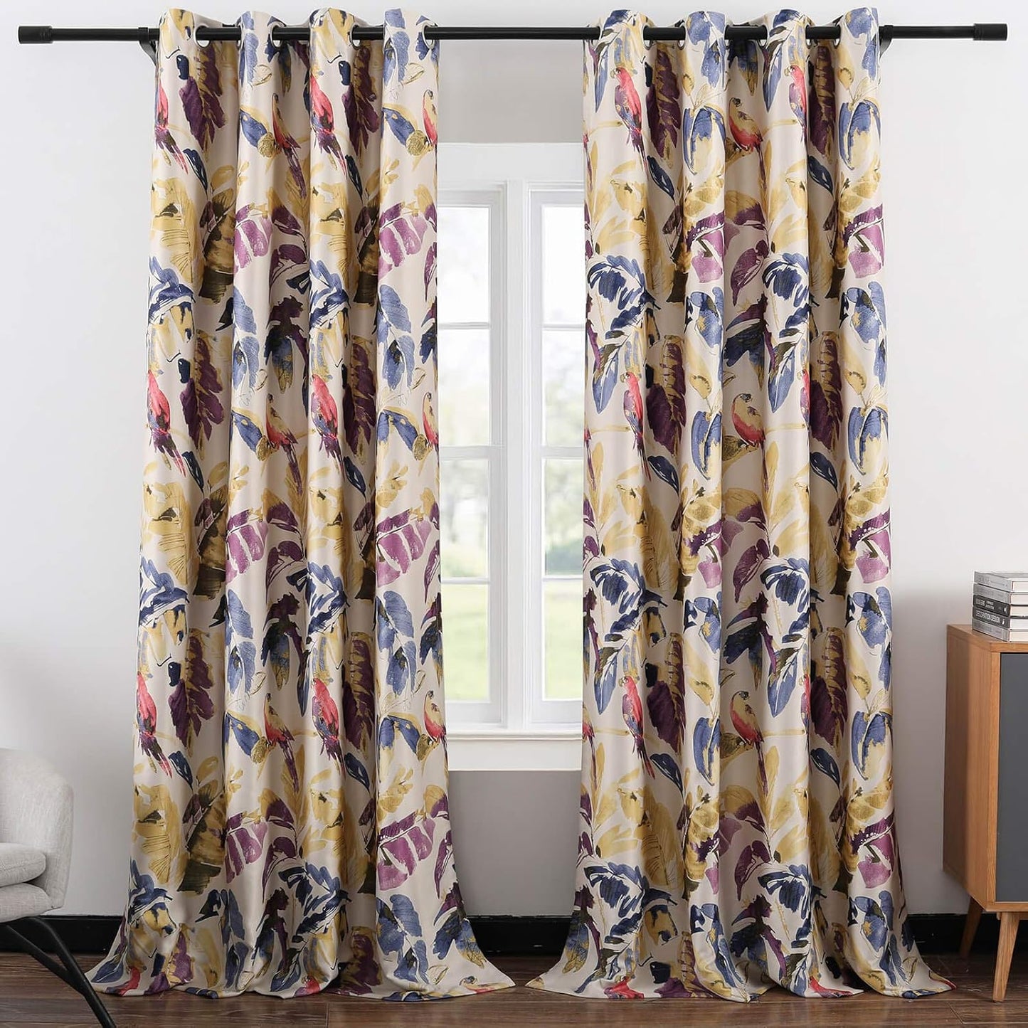 Leeva Window Blackout Curtains and Drapes for Bedroom, Purple and Yellow Leave Macow Print Pattern Heavy Curtain Panels with Grommet Top for Patio Sliding Door, Set of 2, 52x63