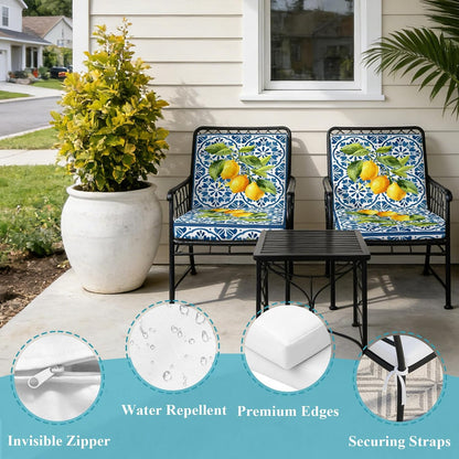 Yellow Lemon Indoor/Outdoor Seat Cushions Cover, Summer Country Fruits Italian Style Blue Waterproof Patio Chaise Lounge Cushion Cover for Beach Pool Side Chair Cushions 20''x18''x2pcs