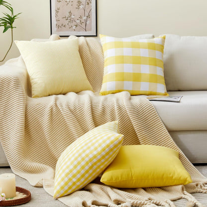 Yellow Striped Summer Outdoor Throw Pillow Covers 18x18 Set of 2, 18 x 18 Yellow and White Outdoor Throw Pillows, Modern Farmhouse Boho Decor Pillow Covers for Porch Patio (No Pillow Inserts)