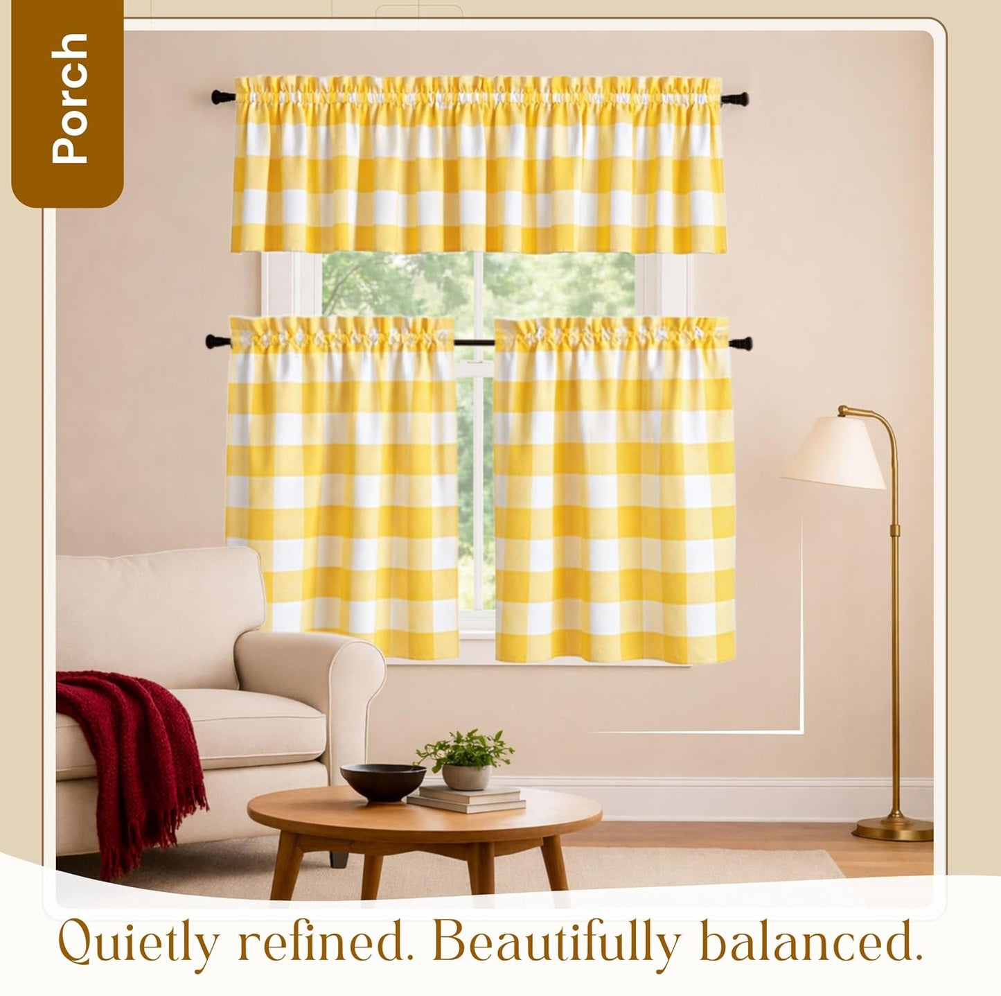 Buffalo Check Farmhouse Window Curtain Set, Valance 54x18 with Tier Curtains 26x36, 3 Piece Rod Pocket Curtains for Kitchen, Dining, Bathroom, Café Décor, Lemon Yellow