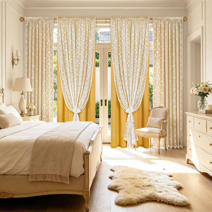 ASPMIZ Linen Curtains for Living Room Double Layer Curtains with Linen Lace, Mustard Yellow Bedroom Curtain Light Filtering, Rod Pocket Drapes 84 Inch Length 2 Panels Set with 2 Tiebacks, 52x84